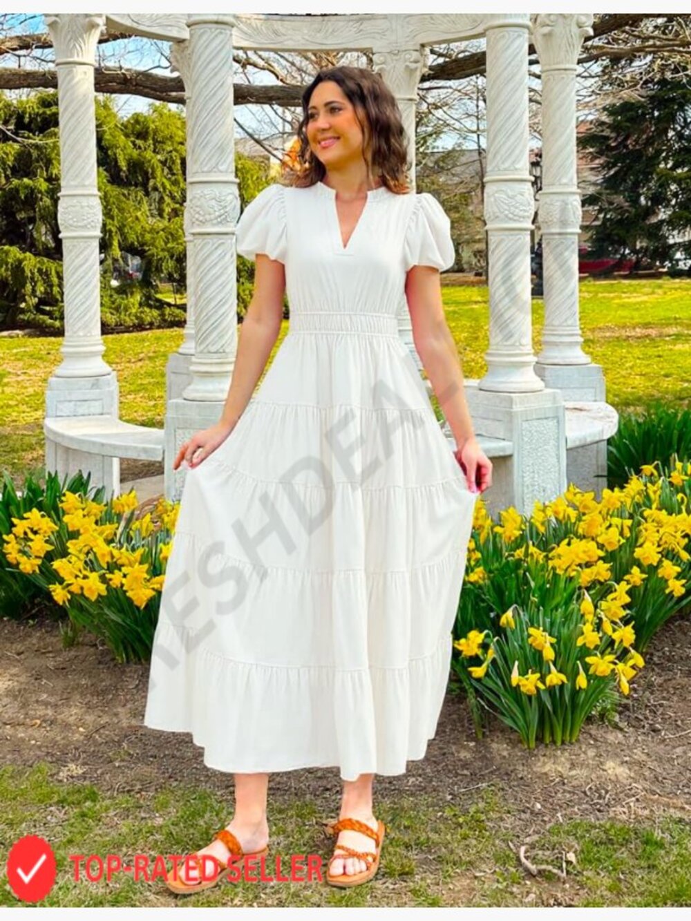 Puff Short Sleeve V Neck Ruffle Tiered Flowy Boho Maxi Dress - Picture 5 of 7